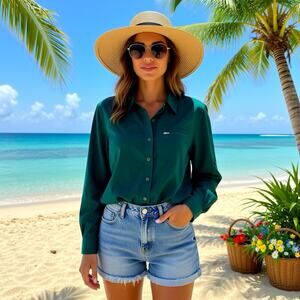 VTG L.L.Bean ButtonUp Shirt Women M Reg Dark Green Roll Tap Sleeves Lightweight